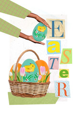 Image easter collage greeting brochure of wicker basket with painting color eggs from rabbit hunt