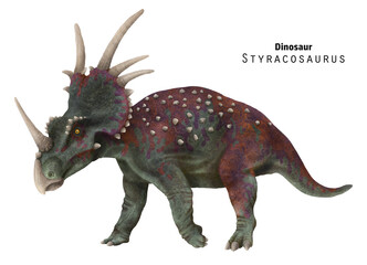 Styracosaurus illustration. Dinosaur with horns. Red, green dino - 767010467