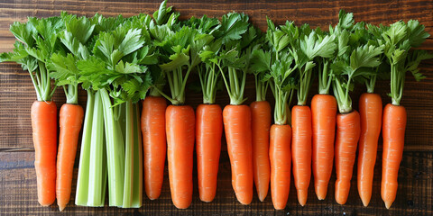 A colorful heap of fresh organic vegetables including carrots and celery on a wooden board. - obrazy, fototapety, plakaty