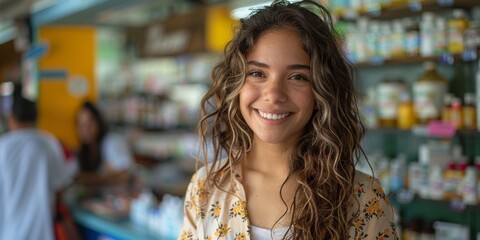 A cheerful young woman with curly hair enjoys a summer day at the supermarket's cash point.