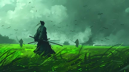 Tuinposter Cloudy Day Samurai: Raster Art Showing Warrior Amidst Green Field with Swords © Abbassi