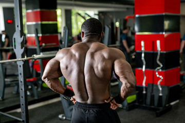 Muscular man flexing his back muscles in the gym