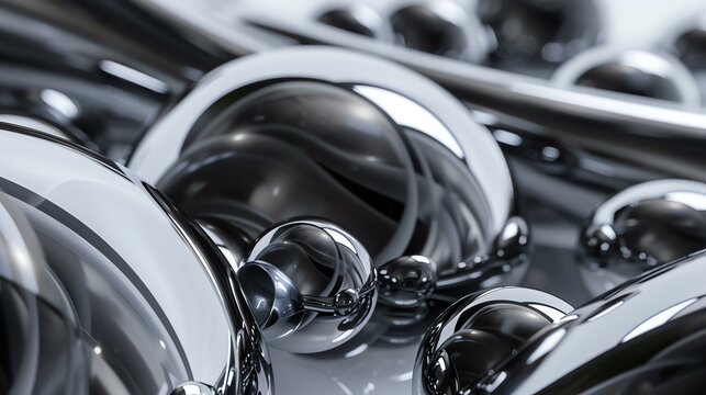 3D rendering of a bunch of reflective spheres on a reflective surface.
