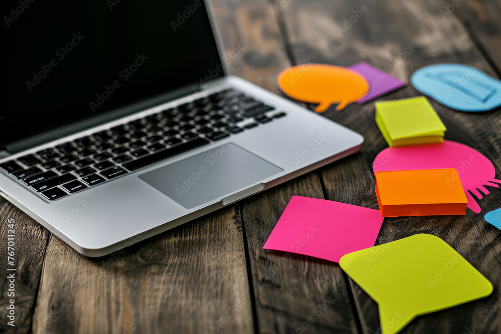 Poster a laptop is on a wooden table with colorful sticky notes scattered around it. the notes are in vario