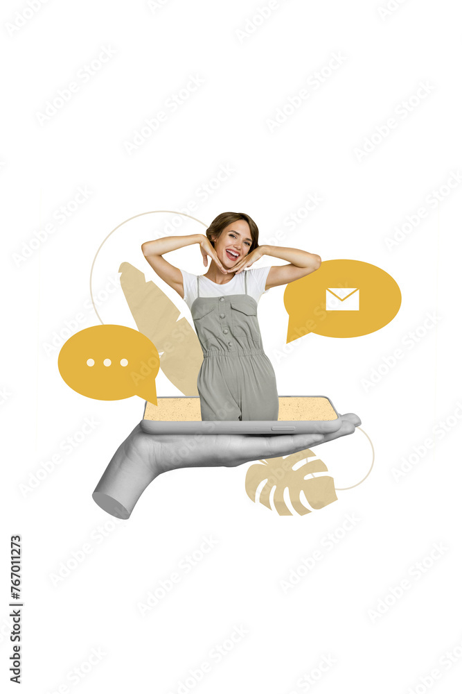 Poster collage 3d artwork picture of happy smiling girl on phone gadget display sms notification isolated o