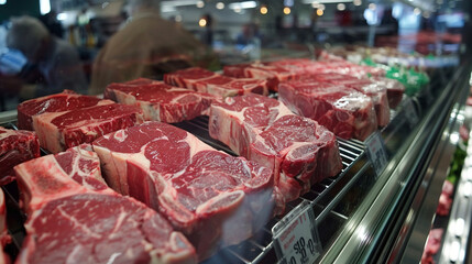 Raw fresh ribeye meat for sale in a shop's meat department.