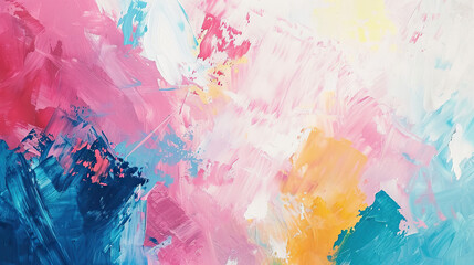 A colorful painting with blue, pink, and yellow strokes. The painting is abstract and has a lot of texture. The colors are bright and bold, creating a sense of energy and movement