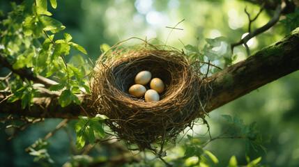 Birds nest with three eggs in the middle of  tree - obrazy, fototapety, plakaty