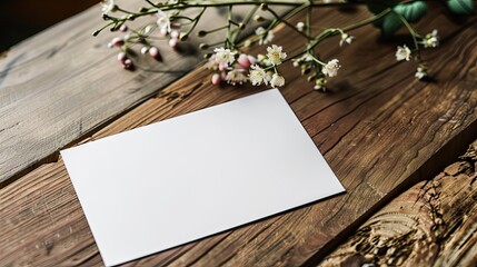 a mockup of a blank white postcard on a wooden table	
