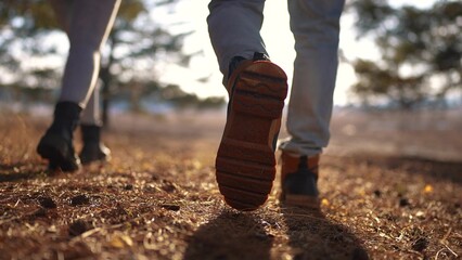 hiker feet group walk in the park forest. travel concept. close-up of a leg man walking with a in park in the forest. travel walk concept. hiker teamwork walking journey lifestyle close-up park - 767011419