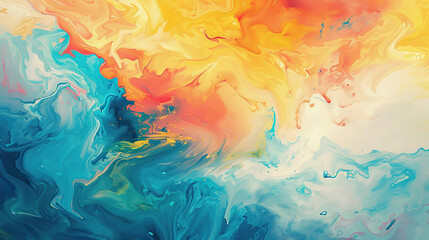 A painting of a colorful swirl of blue, yellow, and orange. The colors are vibrant and the brushstrokes are bold. The painting evokes a sense of energy and movement