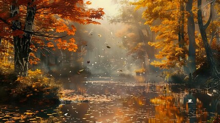 Fall Foliage Scene: Serene Autumn View Featuring Falling Leaves