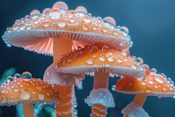 Set of mushrooms with dew drops, selective focus