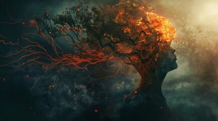 Mystical silhouette with a tree head on smoke. A mystically charged silhouette with a tree as its head emanating from billowing smoke, hinting at growth - obrazy, fototapety, plakaty