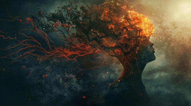 Mystical silhouette with a tree head on smoke. A mystically charged silhouette with a tree as its head emanating from billowing smoke, hinting at growth