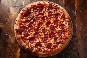 Pizza: Pepperoni pizza Freshly baked On a wooden table Top-down shot 

