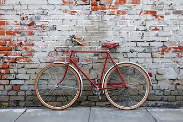 Fototapeta na wymiar Bicycle: Red bicycle Parked outdoors Against a brick wall Side angle shot 