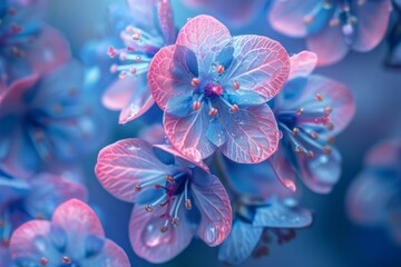 .Delicate blue and pink flowers, selective focus