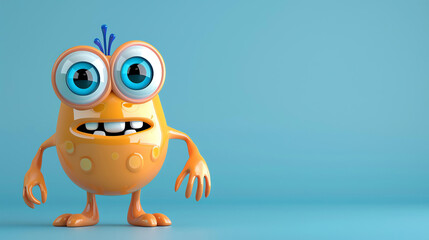 Cute and funny orange cartoon monster with big eyes and a toothy smile. The monster is standing on...