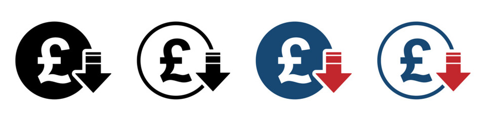 Pound reduction symbol, cost decrease icon. Reduce debt business sign vector illustrations - obrazy, fototapety, plakaty