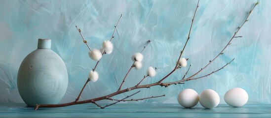 Easter arrangement featuring a willow branch and eggs on a blue backdrop.