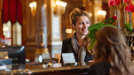 Deurstickers Receptionist offering helpful tourist information to arriving hotel guests. © Noreen