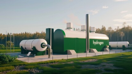 A large green and white building stands prominently on a vibrant lush green field The concept of green hydrogen - Powered by Adobe
