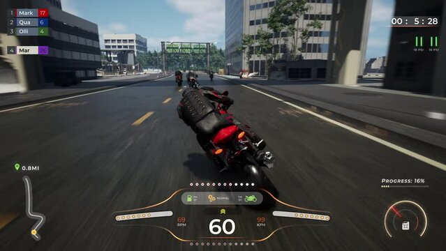 Player defeated by the biker npc rivals in the computer racing simulator. Player suffering defeat in the simulator street track challenge. Player defeated in the level of a modern motorcycle simulator