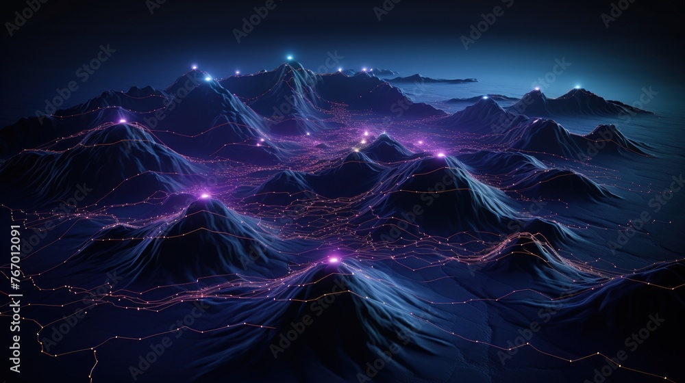 Poster the image captures electric synapses flaring across a mountainous digital landscape, evoking the ene