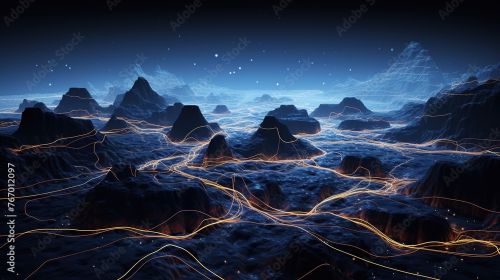 Poster an abstract landscape where glowing neural pathways resemble flowing lava, this image represents the