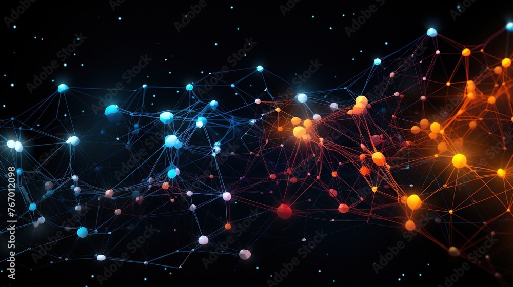 Poster the image portrays an intricate web of network connections highlighted by nodes, symbolizing the int