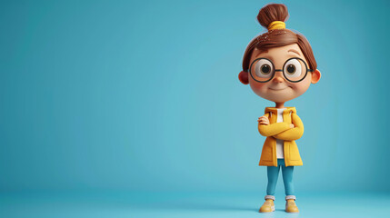 Cheerful 3D cartoon girl character in glasses with crossed arms wearing a yellow jacket and blue...
