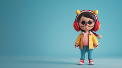 3D rendering of a cute cartoon girl wearing a yellow jacket, blue jeans, and red headphones. She...