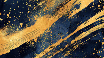 A painting with gold and blue colors and splatters of paint. The painting has a lot of texture and seems to be abstract