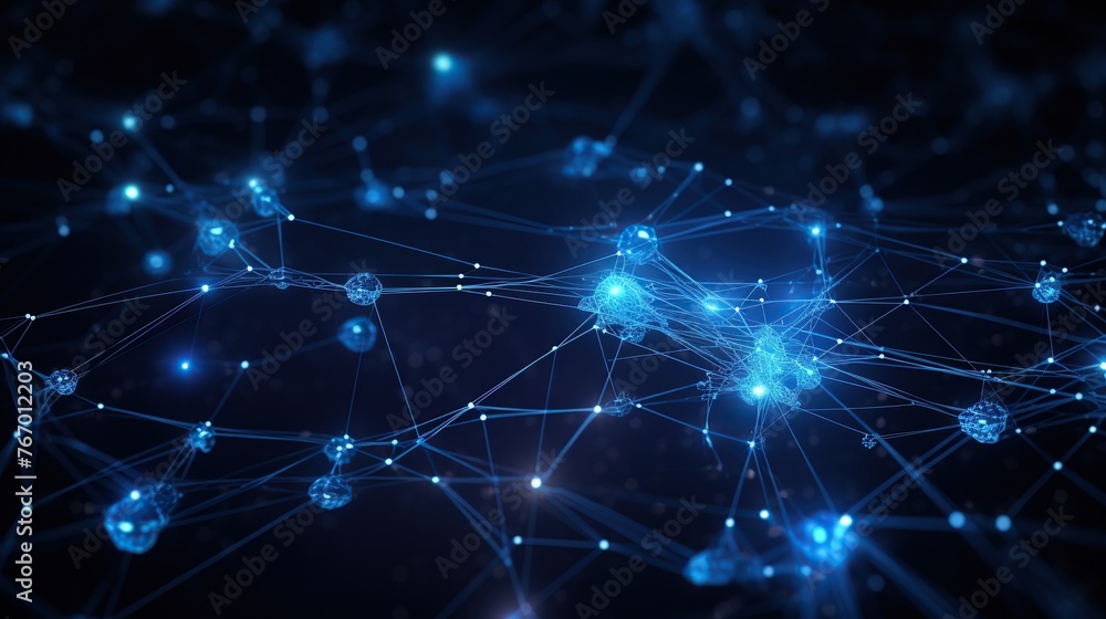 Poster an abstract image depicts a sprawling network of digital synapses with neon blue connectivity, metap