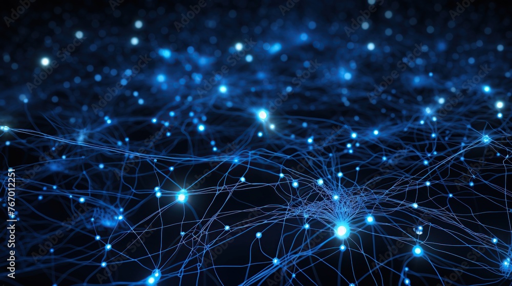 Poster a digital portrayal of a neural network with bright blue synaptic connections illustrates the comple