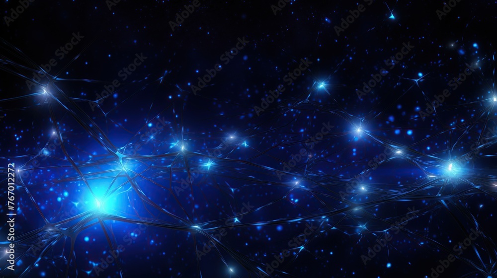 Poster a digital illustration of a sprawling neural network with neon connectivity pulses, symbolizing the 