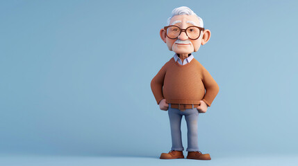 Cheerful elderly man with glasses, mustache and white hair wearing brown sweater and blue jeans standing with hands on hips against blue background. - Powered by Adobe