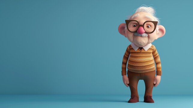 This is a 3D rendering of a grandpa. He is wearing glasses, a brown sweater vest, and brown dress shoes. He has a pink nose and white hair.
