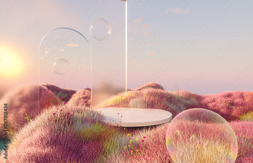 Aufkleber abstract spring flower landscape scene with water bubble. 3d rendering.