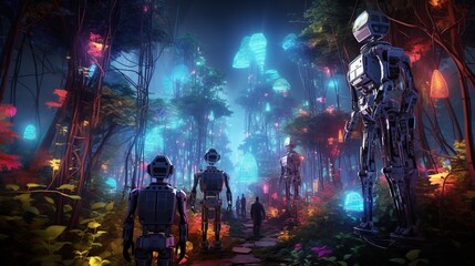 This dynamic digital illustration portrays anthropomorphic robots on a journey through a futuristic forest with bioluminescent trees, perfect for futuristic or exploration concepts - obrazy, fototapety, plakaty