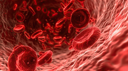 A close up of red blood cells in a vein. Concept of urgency and danger, as the red blood cells are in motion and appear to be in a rush to deliver oxygen to the body