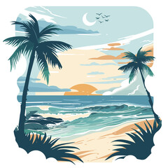 Seascape with palm trees and sunset. Vector illustration in flat style