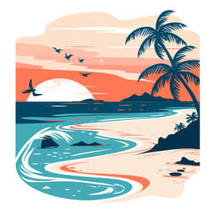 Fototapeta na wymiar Tropical beach with palms and seagulls. Vector illustration