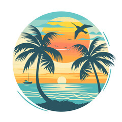 Tropical island with palm trees and seagull. Vector illustration.