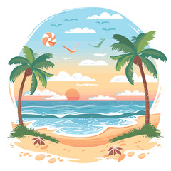 Fototapeta na wymiar Beach with palm trees and seashells. Vector illustration.