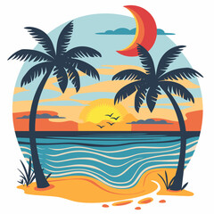 Tropical beach with palm trees and sunset. Vector illustration.