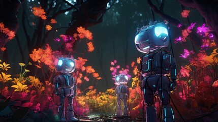 A captivating digital depiction shows anthropomorphic robots amidst a richly colored autumn forest, signifying themes of companionship and exploration - obrazy, fototapety, plakaty