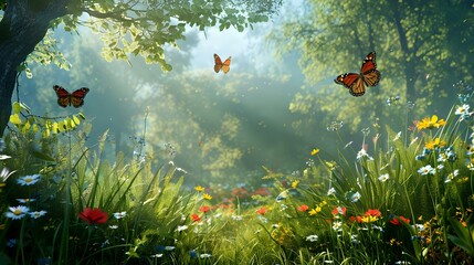 Fototapeta na wymiar Forest Meadow Beauty: Sunny Day Abounds with Blooming Grass and Butterflies