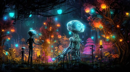 Vibrant digital illustration featuring anthropomorphic robots in a lively, enchanted forest with glowing plants and whimsical lighting, suitable for storytelling or fantasy themes